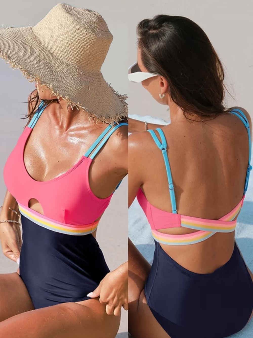 Women’s Cupshe Candy Flare Colorblock OnePiece Swimsuit Pink and Navy Size L NWT